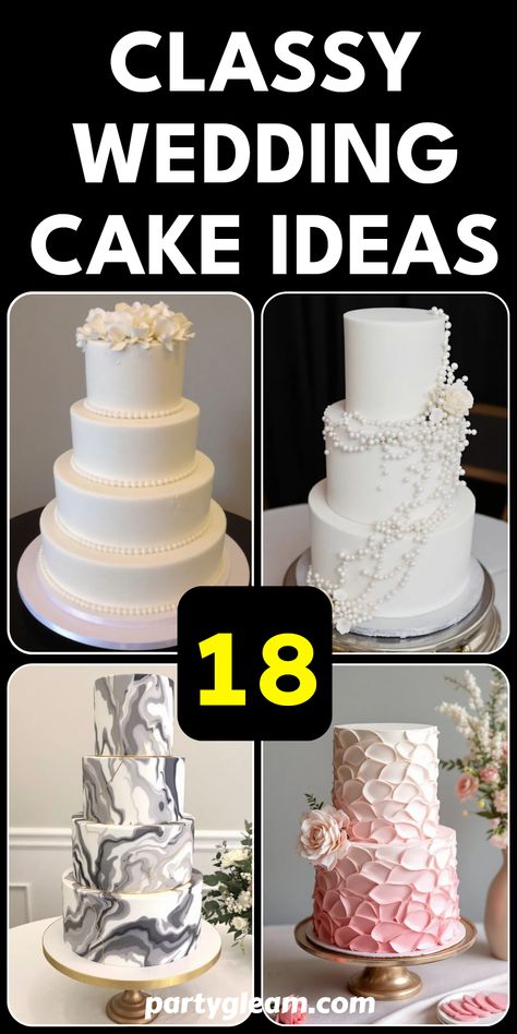 Get ready to be inspired by this selection of 18 classy wedding cake ideas! Whether you're looking for a marbled fondant masterpiece or an elegant all-white tiered cake, we've got you covered. Discover exquisite designs like ombre buttercream tiers and a stunning pearlescent fondant cake adorned with sugar pearls. Perfect for brides-to-be or anyone who loves desserts, these beautiful cakes will make your special day unforgettable while elevating your celebration's style. Your dream wedding cake awaits! Wedding Cakes Marble, Non Fondant Wedding Cakes, Wedding Cake 50 People, Romantic Wedding Cake Vintage, Wedding Cake Ideas Elegant Beautiful, Wedding Cakes Elegant Unique Classy, Elegant Wedding Cakes Romantic, Blue Wedding Cake Ideas, Trending Wedding Cakes