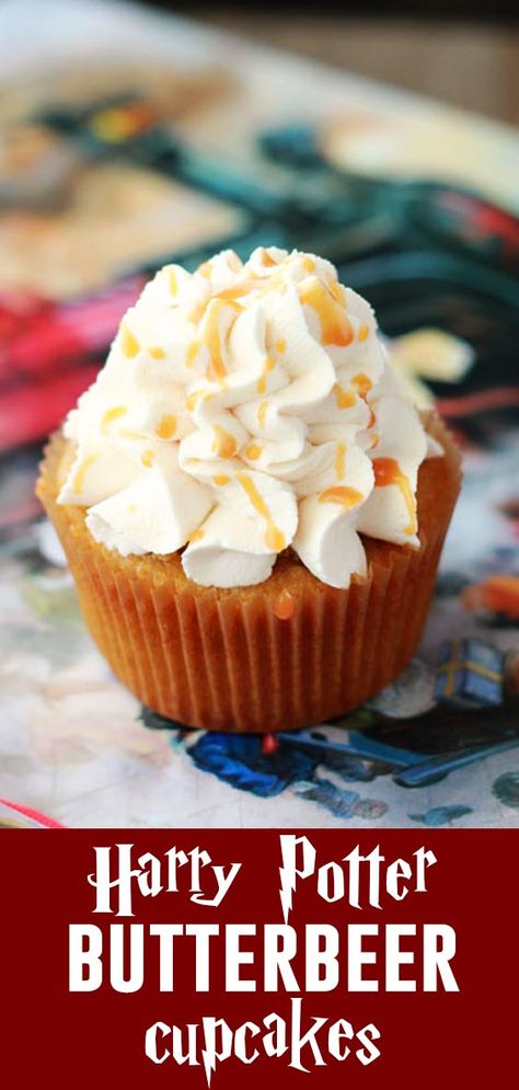 These Harry Potter inspired Butterbeer Cupcakes are the BEST! A rich butterscotch cupcake topped with sweetened whipped cream makes these perfect for any witch or wizard! #harrypotter #harrypotterrecipe #wizard #wizardrecipe #butterbeer #butterbeerrecipe #cupcake #cupcakes #cake #dessert #cakerecipe #recipe #easyrecipe Butter Beer Cupcakes Recipe, Butterbeer Cupcakes Recipe, Butter Beer Cupcakes, Georgia Recipes, Butterscotch Cupcakes, Cat Baking, Butterbeer Cupcakes, Harry Potter Butterbeer, Fictional Food