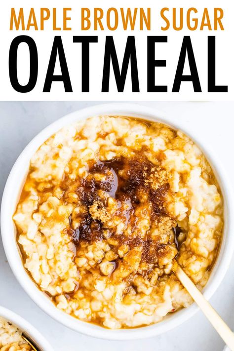 Enjoy easy and healthy maple brown sugar oatmeal for breakfast! This classic flavor oatmeal is perfectly creamy and packed with sweet maple syrup and brown sugar. The best filling breakfast to fuel you for the day! Vegan + gluten-free. Baked Oatmeal With Maple Syrup, Oatmeal With Maple Syrup, Overnight Oats Maple Syrup, Homemade Maple Brown Sugar Oatmeal, Maple And Brown Sugar Overnight Oats, Maple Brown Sugar Oatmeal, Baked Pumpkin Oatmeal, Brown Sugar Oatmeal, Pumpkin Pie Oatmeal