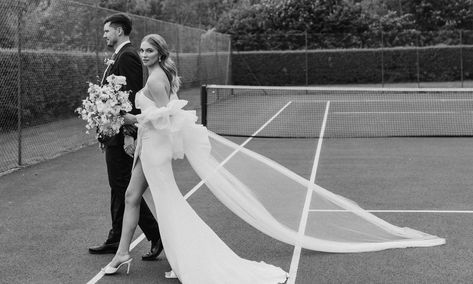 Me & My Wedding: A Family Day In A Stunning Location | SheerLuxe Tennis Court Wedding, Tennis Wedding, Tennis Court Photoshoot, Detachable Train Wedding Dress, Halfpenny London, London Bride, Bridal Separates, Marquee Wedding, Morning Wedding