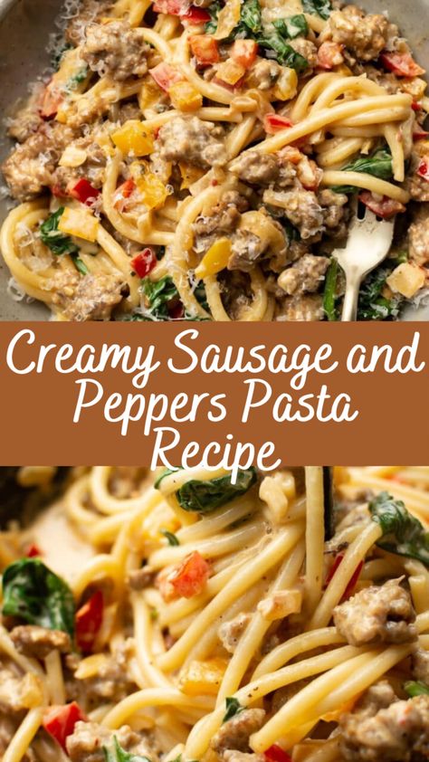 Creamy Sausage and Peppers Pasta Recipe | Cheff Recipes Italian Pork Sausage Recipes Dinner, Creamy Sausage Pepper Pasta, Creamy Sausage And Peppers Pasta, Mild Pork Sausage Recipes, Sweet Italian Ground Sausage Recipes, Ground Sausage And Peppers, Sausage Scallopini Recipe, Linguisa Sausage Recipes, Italian Sausage Recipes For Dinner Pasta