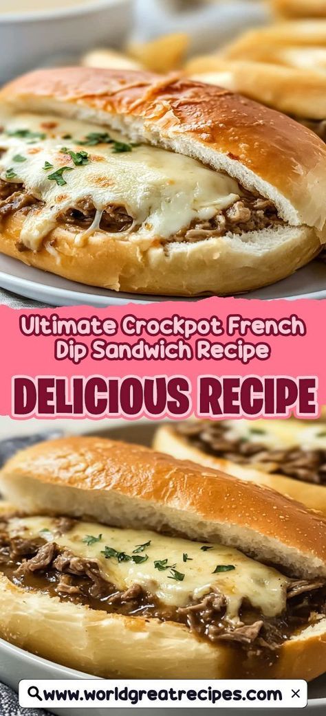 Dive into the rich flavors of this Ultimate Crockpot French Dip Sandwich Recipe. With tender beef chuck roast slow-cooked in savory beef broth and seasoned with onion soup mix and Worcestershire sauce, each bite is a flavor explosion. Perfect for busy weeknights or hosting a gathering, these sandwiches are customizable with toppings like melted cheese and sautéed onions. Serve with a side of warm au jus for dipping, and watch your family and friends rave about this easy and delicious recipe. Crockpot French Dip Easy, Best French Dip Sandwich Crockpot, Roast Beef Dip, Roast Beef Au Jus, Crockpot French Dip, French Dip Recipe, French Dip Sandwich Recipe, French Dip Sandwich Crockpot, Crockpot French Onion Soup