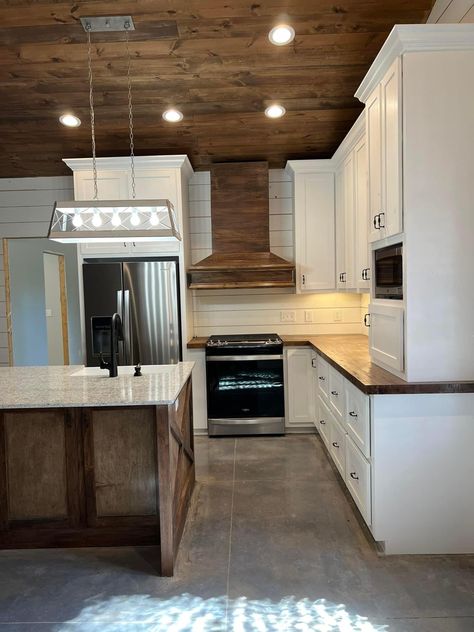 Wood Cabinets With Concrete Floors, Small Metal Building Homes Interiors, Small Barndominium Kitchen, Pole Barn Kitchen, Inside Barndominium Interior Design, Shop House Kitchen, Barn House Bathroom, Stained Wood Walls, Shop House Interior