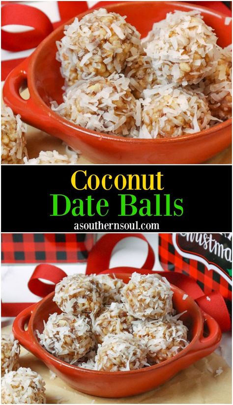 Coconut Date Balls are a classic, must make cookie at Christmas. This easy, no-bake, recipe made with dates, pecans, rice cereal, and coconut has just the right amount of sweetness that makes them totally irresistible! They’re the perfect cookie to enjoy with a cup of coffee or tea and ideal to give to friends and neighbors. #dateballs #nobake #nobakecookie #christmascookie Pineapple Christmas Balls Recipe, Crispy Date Balls, Date Nut Balls With Coconut, Date But Balls, Date Nut Balls, Dried Dates Recipes, Date Balls Recipe, Date Nut Balls Recipe, Coconut Date Balls