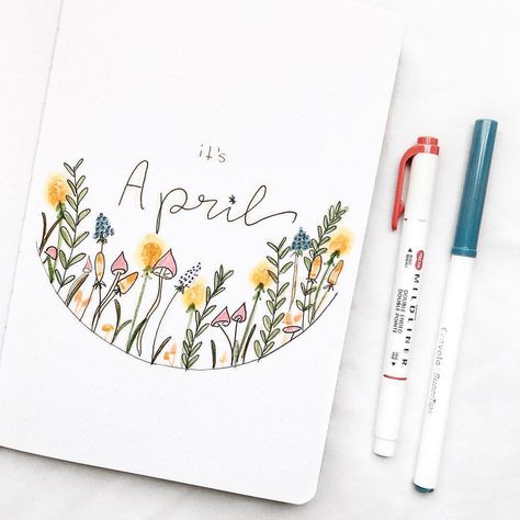 NotebookTherapy.com | bujo 💕 on Instagram: “Such pretty flowers on this April cover by @by.desi 💐🌿 spring is officially here! #notebooktherapy - Shop dotted notebooks, mildliners…” Monthly Bujo, Journal D'inspiration, April Bullet Journal, Bullet Journal Month, Bullet Journal 2020, Bullet Journal Cover Page, Bullet Journal Cover Ideas, Bullet Journal Notes, Bullet Journal Mood