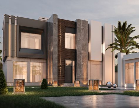 Modern Villa Exterior Facades, Villa Facade Design Modern, Modern Villa Design Exterior, Villa Facade Design, Villa Facade, Modern Villa Exterior, Villa Exterior Design, Villa Modern, Vray Render