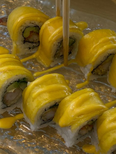 Summer Mango roll fromTokyo Noodle Shop in Edmonton, AB, Canada Mango Roll Sushi, Noodle Shop, Roll Sushi, Noodles, Mango, Rolls, Yummy Food, Stuffed Peppers, Yellow