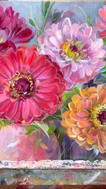 Zinnia Acrylic Painting, Acrylic Zinnia Paintings, Acrylic Painting Zinnias, Zinnia Flower Painting, How To Paint Zinnias Acrylic, Painted Zinnias, Painting Zinnias, Zinnias Painting, Zinnia Arrangements