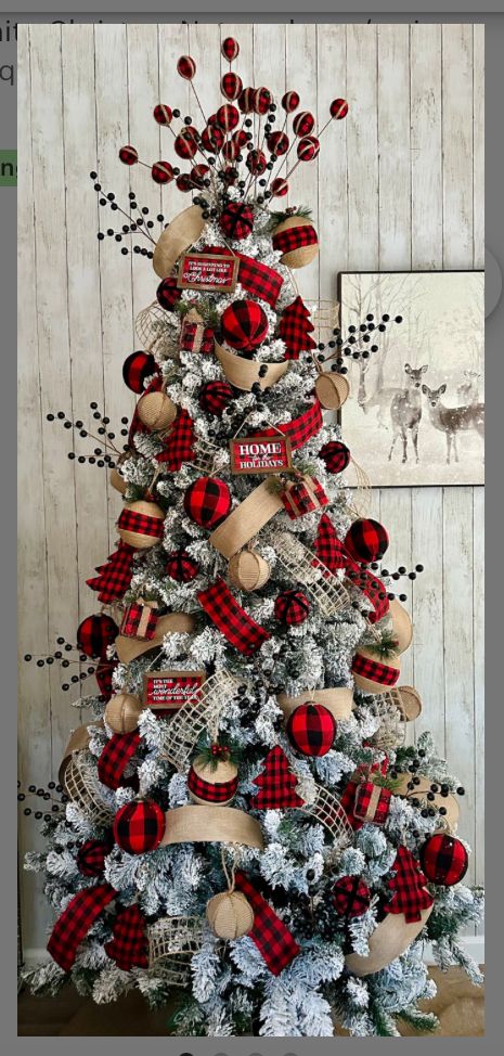 Farm House Christmas Tree Themes, Lodge Themed Christmas Tree, Black And Red Checkered Christmas Decor, Red And White Buffalo Check Christmas, Farmhouse Themed Christmas Tree, Buffalo Plaid Tree Christmas Decor, Red And Silver Flocked Christmas Tree, Boho Style Christmas Decor, Farmhouse Red Christmas Tree