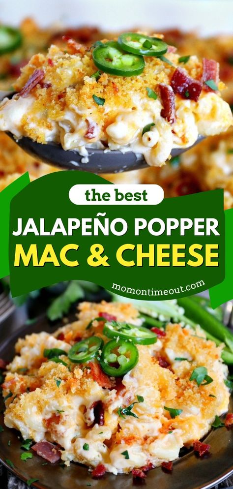 A homemade dinner recipe featuring macaroni and cheese! It will become one of your go-to comfort food! Creamy, cheesy, and loaded with bacon and jalapeños, this baked Jalapeño Popper Mac and Cheese is the BEST! Jalepeno Popper Mac And Cheese Recipe, Loaded Potato Mac And Cheese, Loaded Baked Potato Mac & Cheese, Jalapeños Mac And Cheese, Dessert Mac And Cheese, Jalepeno Bacon Macaroni And Cheese, Mac And Cheese Recipe Jalapeno, Stuffed Mac And Cheese, Chili Dog Mac And Cheese