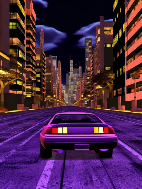 car and city inspired by old video game graphics Created by Menteverse. Do not use or reproduce without permission. Old 3d Games Aesthetic, 80s Video Game Aesthetic, Ps2 Graphics Aesthetic, 2000s Computer Games, 2000s Video Game Aesthetic, Old Games Aesthetic, Electro Aesthetic, Old Video Games Aesthetic, Vintage Video Games Aesthetic