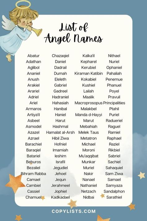 a list of Angel name with a cartoon little boy angel blowing a trumpet Angel Names List, Angel Names, Names Of Angels, Archangels Names, Order Of Angels, Writing Expressions, Different Religions, Boy Girl Names, Writing Inspiration Tips