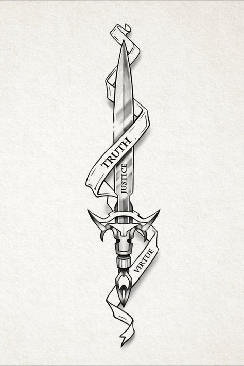 Cross Swords Tattoo Design, Spartan Spear Tattoo, Justice Tattoo Design, Virtue Tattoo, Knight Tattoo Design, Buddhism Tattoo, Swords Tattoo, Traditional Viking Tattoos, Scroll Tattoos