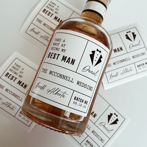 Introducing our groomsmen proposal label for whiskey bottles. These custom whiskey labels make great groomsmen, usher, or best man gifts and the wording is customizable! Our labels are made of professional vinyl that is waterproof and smear proof. They are easy to apply without air bubbles and come with instructions for easy application.  *Bottle not included*, label(s) only. LABEL SIZE & INFORMATION 3x3"  375 mL  -  Small Whiskey 3.75" tall x 4" wide 750ml - Large Whiskey 4" tall x 3.75" wide 7 Bridesman Proposal Brother, Groomsmen Proposal Whiskey Bottle, Men Groomsmen Proposal, Groomsmen Liquor Labels, Groomsmen Whiskey Bottle, Groomsman Asking Ideas, Unique Groomsmen Proposal, How To Ask Groomsmen To Be In Wedding, Grooms Men Proposal