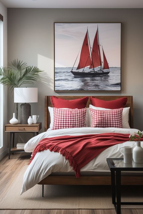 Red Coastal Decor, Red Accents Bedroom, Bedroom With Red Accents, Red Accent Bedroom, Red White And Blue Bedroom, Blue Themed Bedroom, Red Sailboat, Sims Interior, Light Blue Bedding