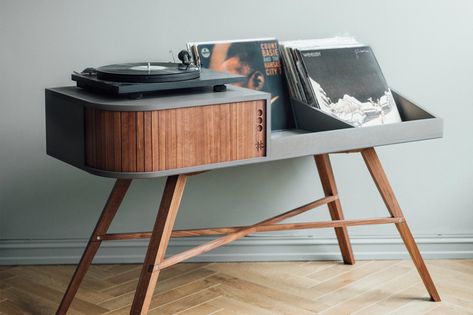 This vintage vinyl table with a tambour door will take you on a trip down memory lane! | Yanko Design Turntable Furniture, Norwegian Furniture, Record Player Cabinet, Vinyl Table, Tambour Door, Vinyl Record Collection, Vinyl Record Storage, Vinyl Storage, Record Storage