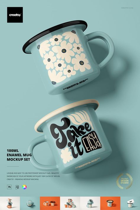 Add a touch of aesthetics to your packing list with our enamel mug mockup set! These small and cute mugs are the perfect companions for your trip, making every sip a travel adventure. Explore the world with style, one tiny sip at a time 🏕️🌄 | travel aesthetic, travel packing ideas, mug designs Cute Merchandise Ideas, Coffee Mug Packaging, Mug Photography Ideas, Mug Aesthetic Design, Mug Merchandise Design, Mug Product Photography Ideas, Mug Packaging Ideas, Mug Designs Ideas, Aesthetic Mug Design