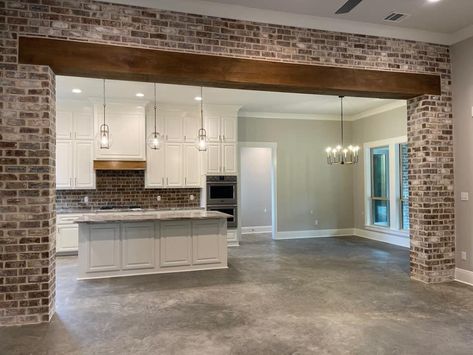 Double Archway Kitchen, Brick Archway In Kitchen Wood Beams, Brick And Beam Opening, Brick Wall With Wood Beam, Brick Archway In Living Room, Brick Arch Kitchen, Brick Cased Opening, Interior Brick Archway, Stone Columns Interior