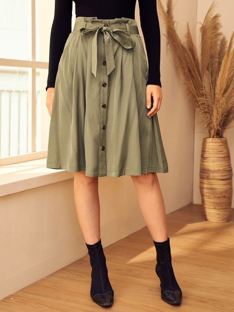 Summer A-line Skirt With Buttons, Green Buttoned Skirt For Summer, Paperbag Skirt Outfit, Casual Green Skirt With Buttons, Green A-line Lined Skirt, Green Skirt With Button Closure, Jane Outfits, Paperbag Skirt, Button Front Skirt