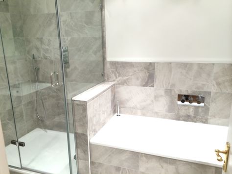 Fantastic way to have shower and bath side by side no wasted space Gray Shower Tile, Master Bath Renovation, Modern Luxury Bathroom, Bath Tile, Small Bathroom With Shower, Small Bathroom Layout, Small Bathtub, Shower And Bath, Cottage Bathroom