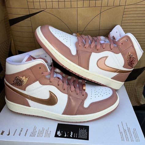 Jordan Shoes | New Nike Air Jordan 1 Mid Se Women Sizes 'Red Stardust' Metallic Fb9892-670 | Color: Tan | Size: Various Air Jordan Women, Nike Shoes Women Fashion, Pretty Sneakers, Air Jordans Women, Nike Fashion Shoes, Cute Nike Outfits, Preppy Shoes, Air Jordan 1 Mid Se, Pretty Shoes Sneakers