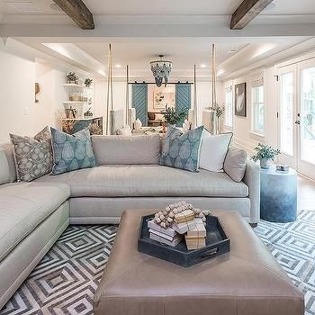 Taupe Linen Sofa with Chaise Lounge and Blue Throw Blanket - Transitional - Living Room Taupe Sofa Living Room, French Blue Chairs, Blue Family Rooms, Family Room Sectional, Leather Ottoman Coffee Table, Taupe Sofa, Taupe Pillow, Linen Sectional, Blue Painted Walls