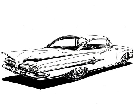 1960 CHEVROLET IMPALA .. Sharpie Marker... by Jim Porterfield Impala Drawing, Chevrolet Impala 1960, 60 Impala, 1960 Impala, Lowrider Drawings, 59 Chevy Impala, Impala Car, Race Car Coloring Pages, Car Coloring Pages