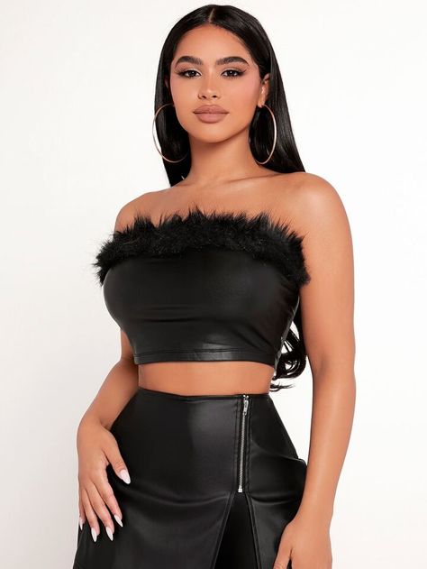 Leather Tube Top Outfit, Tube Top Outfit, Leather Tube Top, Sheer Tights, Cropped Tube Top, Womens Tights, Petite Tops, Sleeveless Crop Top, Leather Dresses