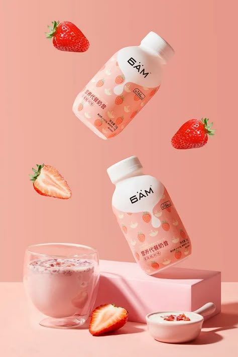 Dry Fruits Poster Design, Strawberry Milk Packaging, Smoothie Packaging Design, Strawberry Packaging Design, Milk Product Photography, Social Media Product Post, Smoothie Factory, Fruit Juice Brands, Food Product Photography