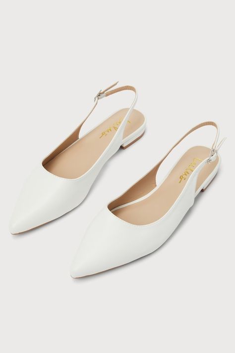 The Lulus Kayaa White Pointed-Toe Slingback Flats are destined to be your go-to shoes when you need an effortlessly polished look! These ultra-chic, faux leather flats feature a sophisticated pointed-toe upper with a low-cut collar that continues into an adjustable, slingback-style strap that secures with a silver buckle. A sensible, low-block heel completes the simply stylish design! 0. 75" rubber heel. Lightly cushioned insole. Rubber sole has nonskid markings. All Man Made Materials. Imported Flat Elegant Shoes, Flat Shoes To Wear With Dresses, White Flats Wedding, White Formal Shoes, Elegant Shoes Flat, Stylish Flat Shoes, University Outfits, Thrift Board, Mums Wedding