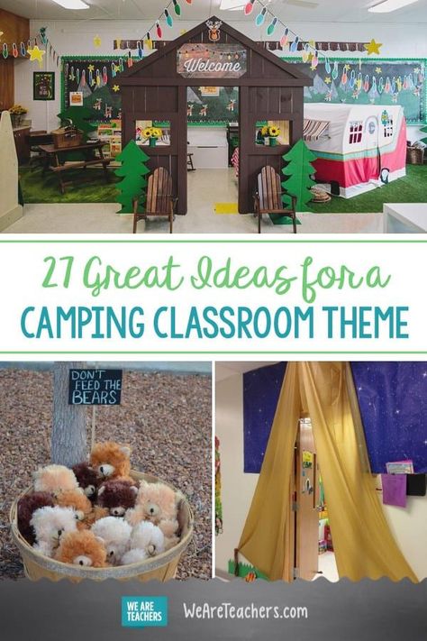 27 Great Ideas for a Camping Classroom Theme. Are you planning a camping theme for your classroom for next year? We always love the way they turn out. We've done the research and know where to find all of the best ideas and the best deals to set up your perfect camping classroom theme. #classroomdecor #classroomideas #classroom Camp Theme Staff Appreciation, Camping Theme Classroom Door Decorating Ideas, S’more Classroom Theme, Camper Classroom Theme, Happy Camper Decorations, Camp Read A Lot Decorations, Camping Theme Classroom Door, Classroom Camping Day, Camping Day In The Classroom