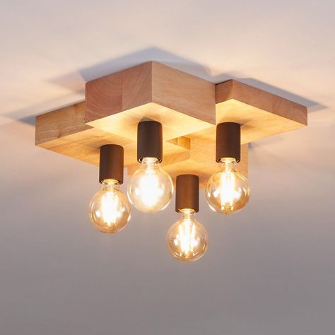 The HALKIN ceiling light features four connecting natural rubberwood blocks, each paired with a freestanding black lamp holder. Whether in the living room, dining room, hallway or bedroom, the ceiling light's simple yet homely design provides appealing lighting for any space Down Lights Ceiling Living Rooms, Chandelier Living Room Low Ceiling, Living Room Ceiling Lights, Vault Ceiling, Wooden Ceiling Light, Living Room Industrial, Hallway Makeover, Wooden Living Room, Ideal House