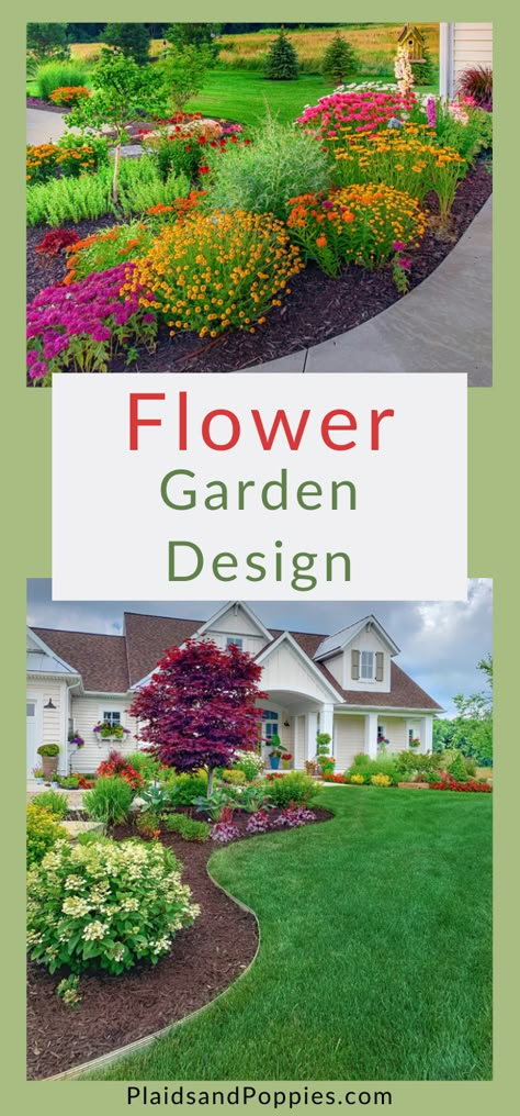 Flower Garden Front Of House, Big Flower Beds In Front Of House, Flower Bed Layout Front Yards, Large Flowerbed Landscaping, West Facing Flower Bed Ideas, Landscape Flower Ideas, Garden Bed Ideas Layout Front Yards, Plant Layout Front Yards Landscape Plans, Landscape Ideas Flowers