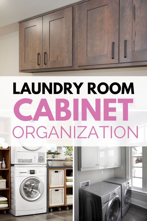 If despite your best efforts your laundry room cabinets are still a disaster you're not alone. In this post, we'll explore solutions for high laundry room cabinets and the best way to organize them. #laundryroomcabinets #laundryroom #laundryroomorganization #cabinetorganization #homeorganizing #beautifullorganized Removing Cabinet Doors For Open Shelving Laundry Room, What To Put In Laundry Room Cabinets, Laundry Room Hanging Rack Between Cabinets, What To Store In Laundry Room Cabinets, Laundry Room Ideas Organization Cabinets, Laundry Cabinet Organization Ideas, Laundry Cabinets Organization, Storage Closet In Laundry Room, Laundry Room Cabinet Ideas Built Ins