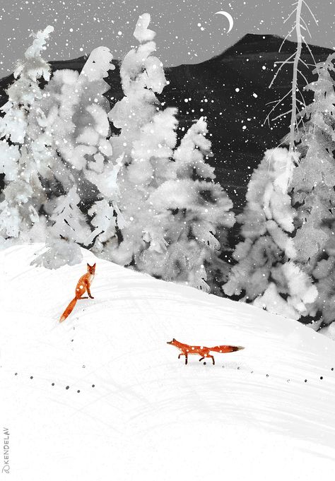 Our foxes on Behance Kobo Screensaver, Winter Screensavers, Winter Wonderland Aesthetic, Foxes Wallpaper, Fox Walking, Fox In Winter, Gouache Ideas, Fox Aesthetic, Fox In Snow