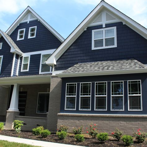 Deep Ocean James Hardie siding was used to complete this beautiful new construction project. 7" cedarmill lap siding was used. James Hardie Deep Ocean, Hardie Plank Colors, Craftsman Home Exterior, Wood Shutters Exterior, Exterior Siding Options, Hardie Siding, Siding Options, Hardie Plank, James Hardie