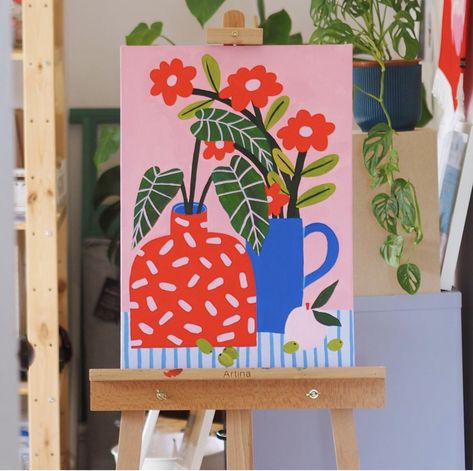 Bold Canvas Paintings, Eclectic Canvas Painting, Bright Canvas Painting Ideas, Gauche Painting Ideas, Still Life Canvas Painting, Gouache Still Life, Acrylic Painting Still Life, Abstract Still Life Painting, Colorful Still Life