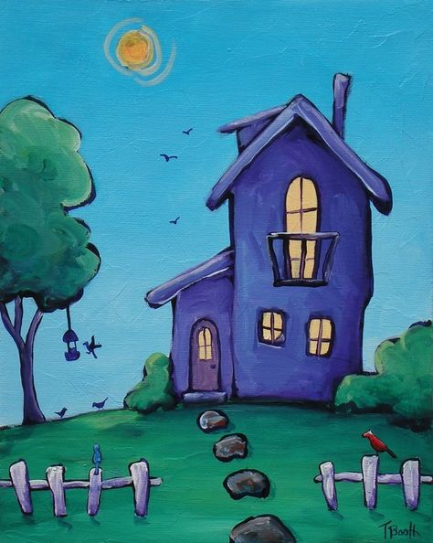 Easy House Painting, Purple House, Watercolor Paintings For Beginners, Original Art Painting, Happy Paintings, Art Drawings For Kids, Naive Art, Gifts For Everyone, Canvas Art Painting