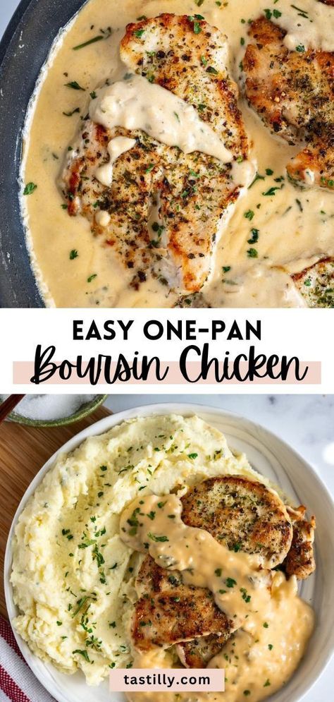 You can make an easy-prep gourmet meal that tastes like it came out of a French restaurant in about 30 minutes. This One-Pan Boursin Chicken recipe is elegant and the sauce can be used over steak or fish too. Creamy Boursin cheese is the heart of this dish! Boursin Chicken, Boursin Cheese Recipes, Boursin Cheese, French Restaurant, Chicken Dishes Recipes, The Sauce, Poultry Recipes, Chicken Dinner Recipes, Chicken Breast Recipes