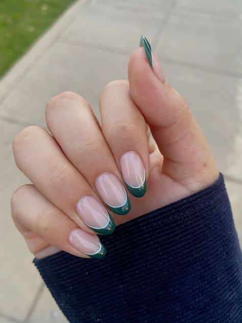 French Tip Nails With Green Accent, Moss Green French Tip Nails, French Emerald Green Nails, Save Green French Tips, Green Fresh Tip Nails, Cute Simple Hoco Nails, French Nails With Green Tips, Green Hoco Nails Short, White French Tip With Green Line