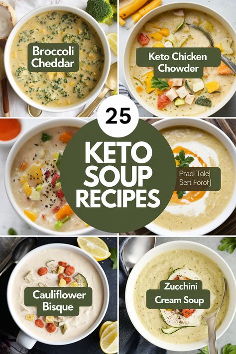 Discover 25 easy and delicious keto soup recipes that are low in carbs and high in flavor.  Enjoy creamy broccoli cheddar and cauliflower soups, hearty keto-friendly chili and taco soup, and veggie options like zucchini and mushroom soups.  Explore chicken and beef-based keto soups, low-carb versions of classics like French onion soup, and keto-approved seafood chowders.  Find easy slow cooker and Instant Pot keto soup recipes for effortless weeknight meals. Keto Friendly Crock Pot Soups, Low Carb Cream Of Broccoli Soup, Keto Chicken Chowder, Low Carb French Onion Soup, Keto Diet Soup Recipes, Keto Slow Cooker Soups, Soups Keto Friendly, Creamy Keto Soup Recipes, Keto Bean Soup Recipes