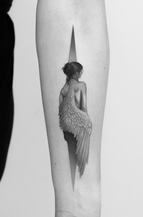 35 Breathtaking Wings Tattoo Designs | Cuded Floral Angel Tattoo, Wing Neck Tattoo For Women, Winged Goddess Tattoo, Black Illustrative Tattoo, Woman With Wings Tattoo, Black Angels Tattoo, Flying Angel Tattoo, Angel Feather Tattoo, Reincarnation Tattoos