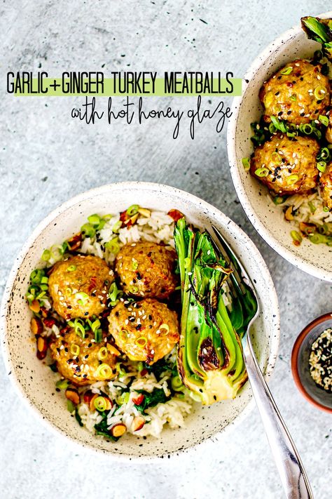 Garlic and Ginger Meatballs with Hot Honey Glaze {Baked Turkey Meatballs} #turkeymeatballs #turkey #meatballs #bakedmeatballs #easydinner #Asian #garlic #ginger #hearthealthy #honey Ginger Turkey Meatballs, Ginger Meatballs, Baked Turkey Meatballs, Asian Turkey Meatballs, Garlic Meatballs, Turkey Meatballs Baked, Garlic And Ginger, Baked Turkey, Hot Honey