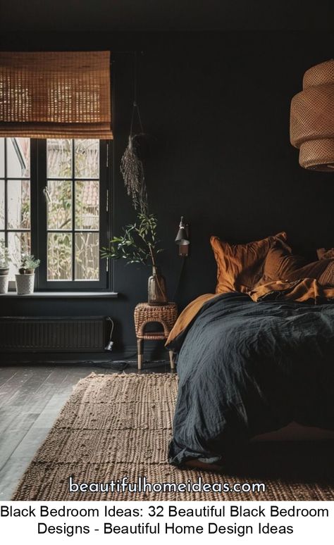 Let’s discover the beauty of black bedrooms, where elegance meets modernity and coziness. Black bedrooms aren’t just about darkness; they’re about creating a luxurious and inviting sanctuary within your home. In this post, we’ll explore various styles of black bedrooms that will inspire you to transform your space into a chic haven. From simple Scandinavian... Black Bedroom With Accent Wall, Wallpaper Bedroom Feature Wall Boho, Black Bed In Bedroom, Black Wall Bedroom Decor, Black Bedroom Walls Inspiration, Dark Earthy Bedroom Aesthetic, All Black Room Aesthetic, Black Moody Bedroom, Black Sheets Bedroom Ideas