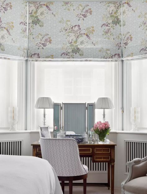 Bay Window Dressing Table Ideas, Dressing Table In Bay Window, Bay Window Dressing Table, Window Dressing Table, Bay Window Dressing, Blinds Inspiration, Contemporary Floral Design, Beautiful Blinds, Jane Churchill