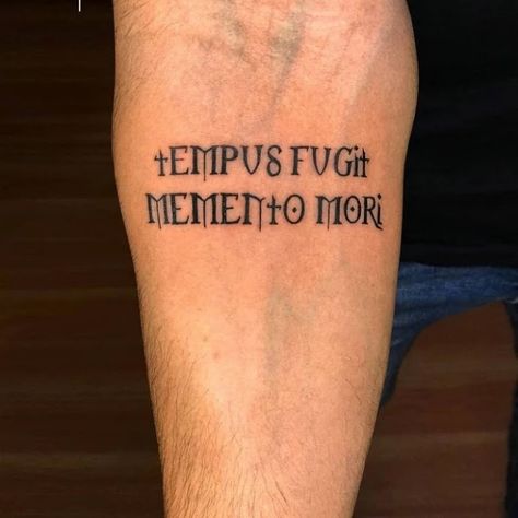 Latin Forearm Tattoo Men, Tempus Fugit Memento Mori, Tempus Fugit Memento Mori Tattoo, Uncommon Tattoos Men, Misunderstood Tattoo Men, Moments Mori Tattoo, Latin Tattoo Quotes For Men, Loner Tattoos Men, Momento Mori Tattoo Men