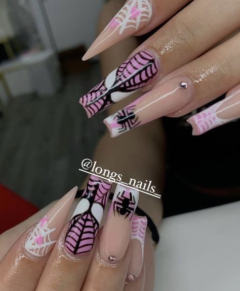 Pink Spiderman Nails, Spidey Nails, Spider Man Nails, Spiderman Nails, Man Nails, Bow Nail Designs, Long Red Nails, Pink Spider, Girls Nail Designs