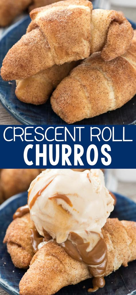 Crescent Roll Churros - this EASY baked churro recipe is crunchy and sweet and full of cinnamon flavor. Only 3 ingredients and are the perfect breakfast, brunch, or dessert recipe! Churro Recipe, Weight Watcher Desserts, Crescent Recipes, Crazy For Crust, Churros Recipe, Coconut Dessert, Pillsbury Recipes, Brownie Desserts, Crescent Roll Recipes