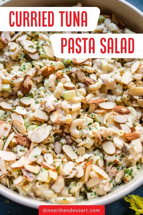 Curried Tuna Pasta Salad is a flavorful take on a classic packed with raisins, celery, and apples, topped off with a creamy curry dressing! Curry Tuna Salad, Curry Tuna, Curry Pasta Salad, Deli Salad, Curry Dressing, Tuna Pasta Salad, Creamy Curry, Tuna Salad Pasta, Tuna Pasta