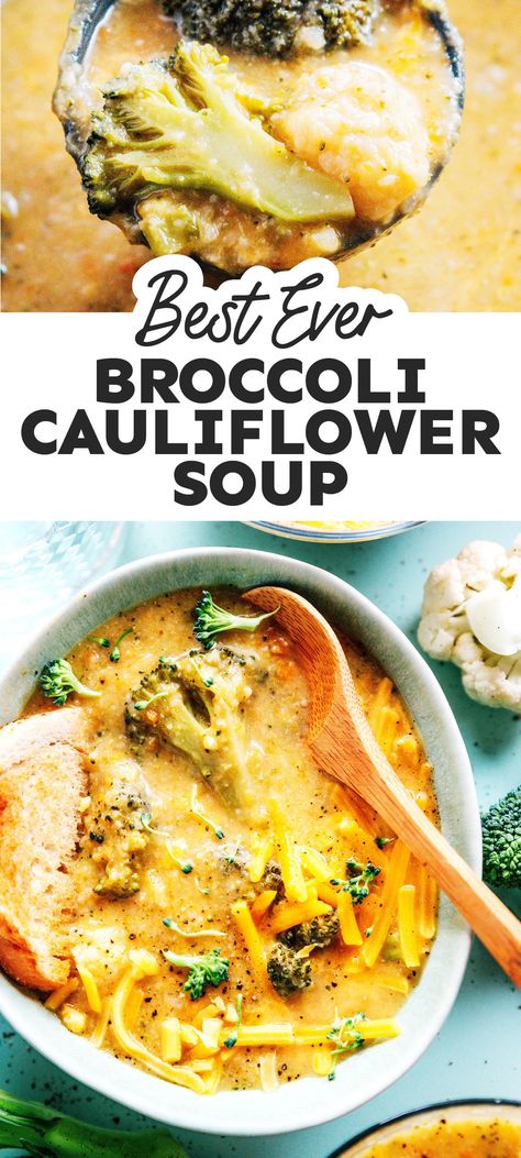 Cauliflower And Broccoli Cheese Soup, Cauliflower Broccoli Soup Recipes, Brocolli Cauliflower Soup Healthy, Cauliflower Broccoli Cheddar Soup, Broccoli Soup In Bread Bowl, Skinnytaste Broccoli Cheese Soup, Broc Cauliflower Soup, Healthy Broccoli Cauliflower Soup, 12 Tomatoes Recipes Broccoli Cauliflower Cheese Soup